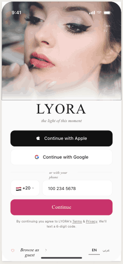 LYORA app — welcome screen