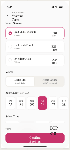 LYORA app — booking flow